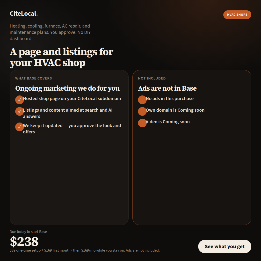 Example CiteLocal 1080 by 1080 still: Base for an HVAC shop, $69 setup plus $169 a month, $238 due today. No ads. Not live spend.