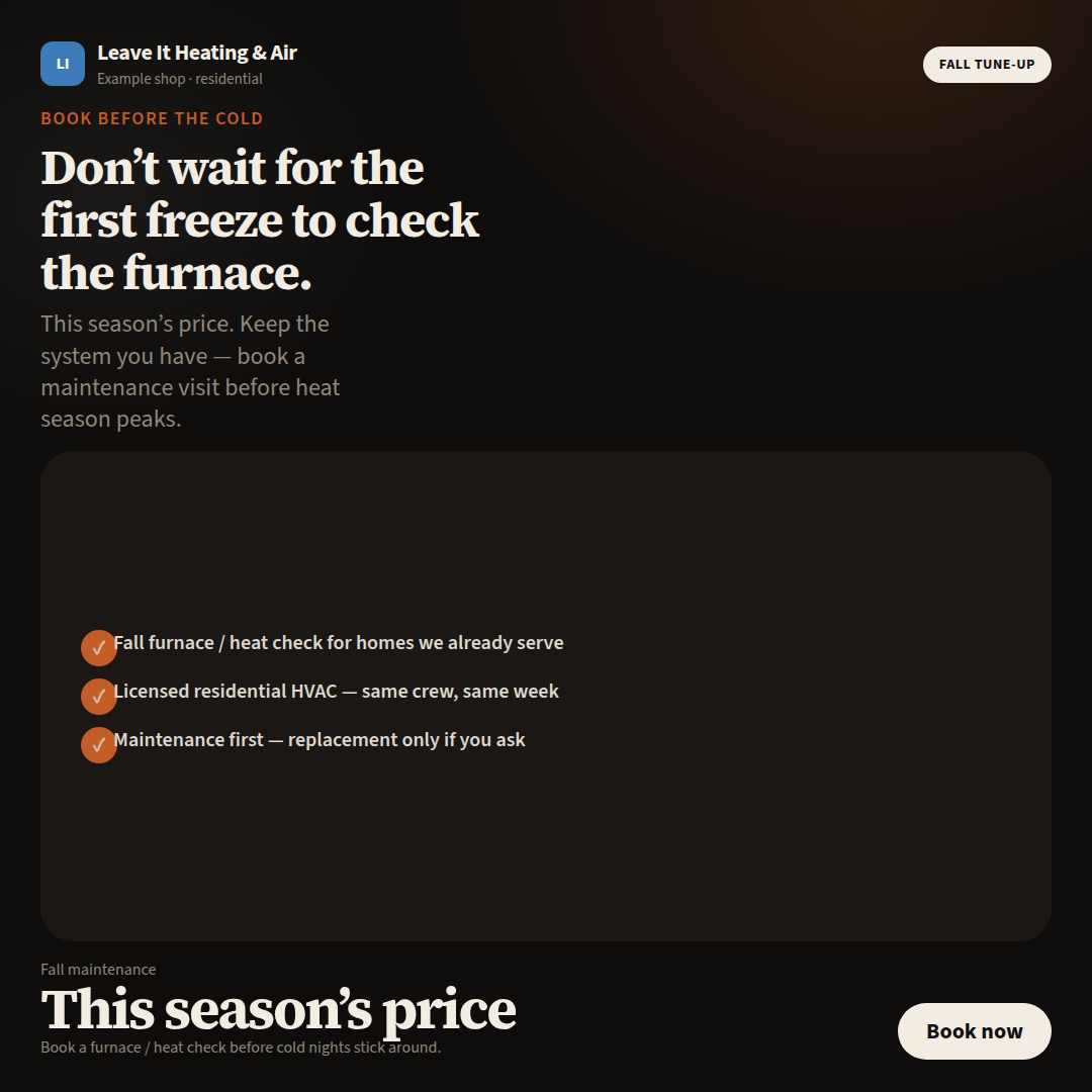 Example Leave It Heating & Air 1080 by 1080 still: fall furnace check, single-card layout. Not live spend.